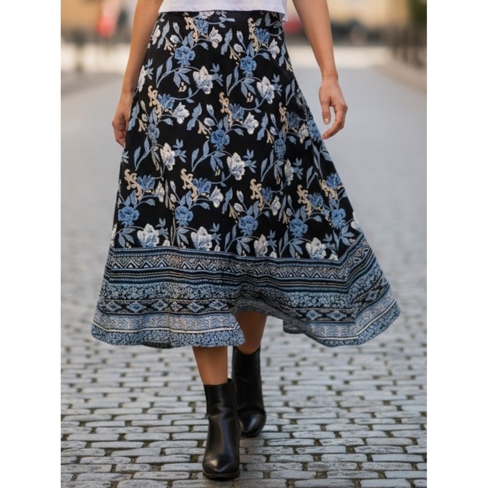 Retro Notations Floral Midi‎ Skirt Womens XL Cottagecore Dark Academia 90s
